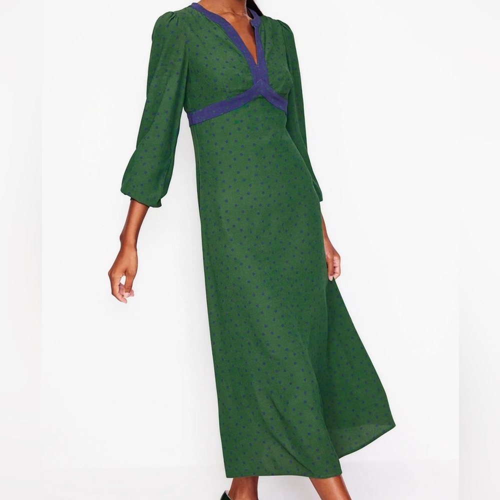 Boden Green Midi Dress with Navy Trim - Picture 3 of 16